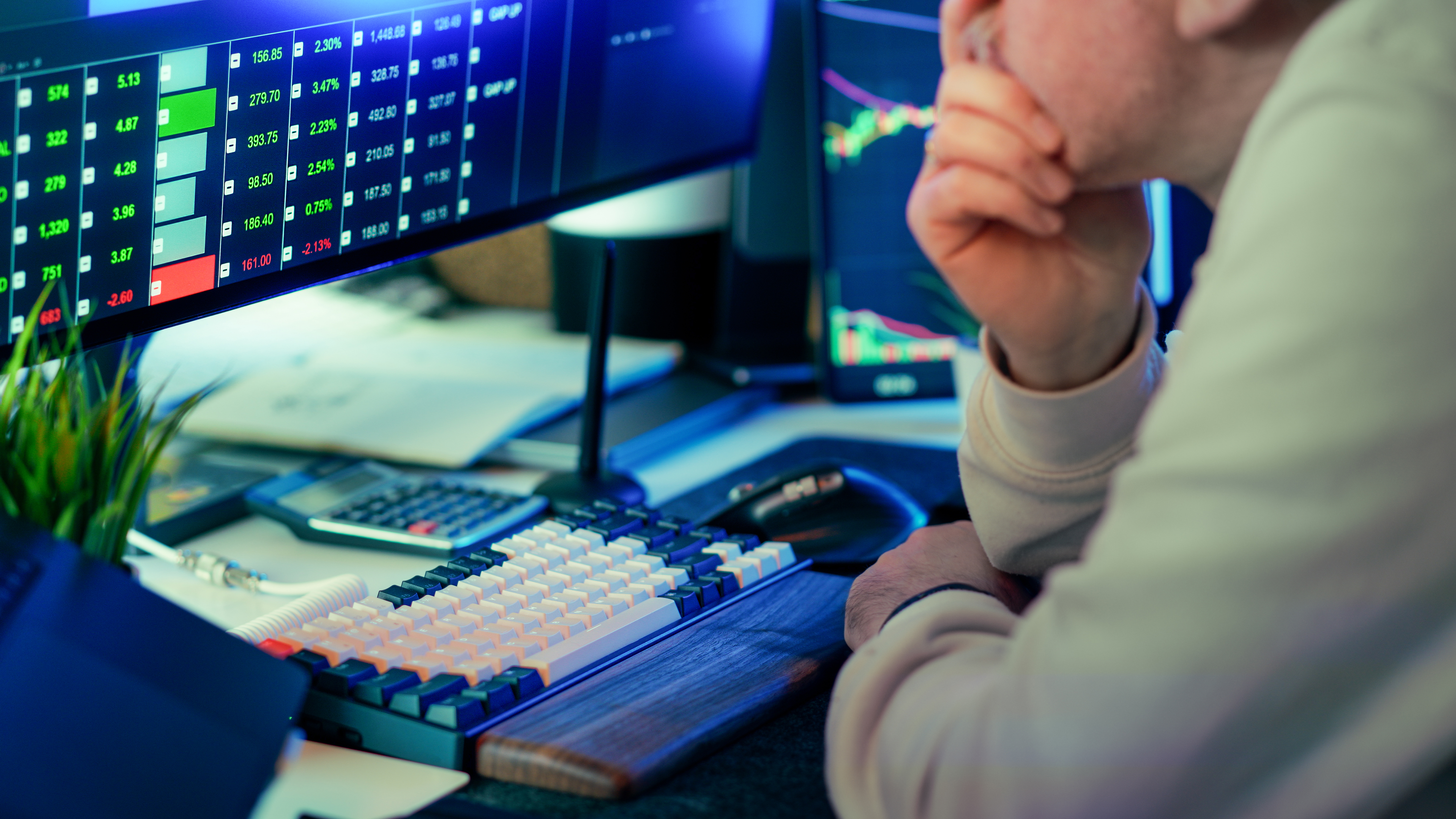 Stock market trader thoughtful analysis financial data charts monitor. Focused investor observing trading dashboard market statistics visualization. Strategic decision process finance analytics risk evaluation digital trading workstation